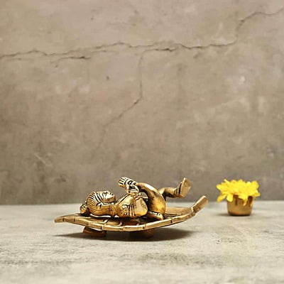 Brass Bala Gopala Krishna on Peepal Leaf Wall Hanging - 6 inch Height | Adorable Brass Wall Hanging of Bala Gopala Krishna on Peepal Leaf Brass Bala Gopala Krishna on Peepal Leaf Wall Hanging - 6 inch Height | Adorable Brass Wall Hanging of Bala Gopala Krishna on Peepal Leaf