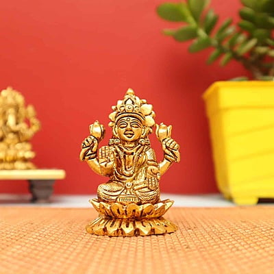 Auspicious Lakshmi Devi Idol sitting on Lotus in Brass - 3 inch Height