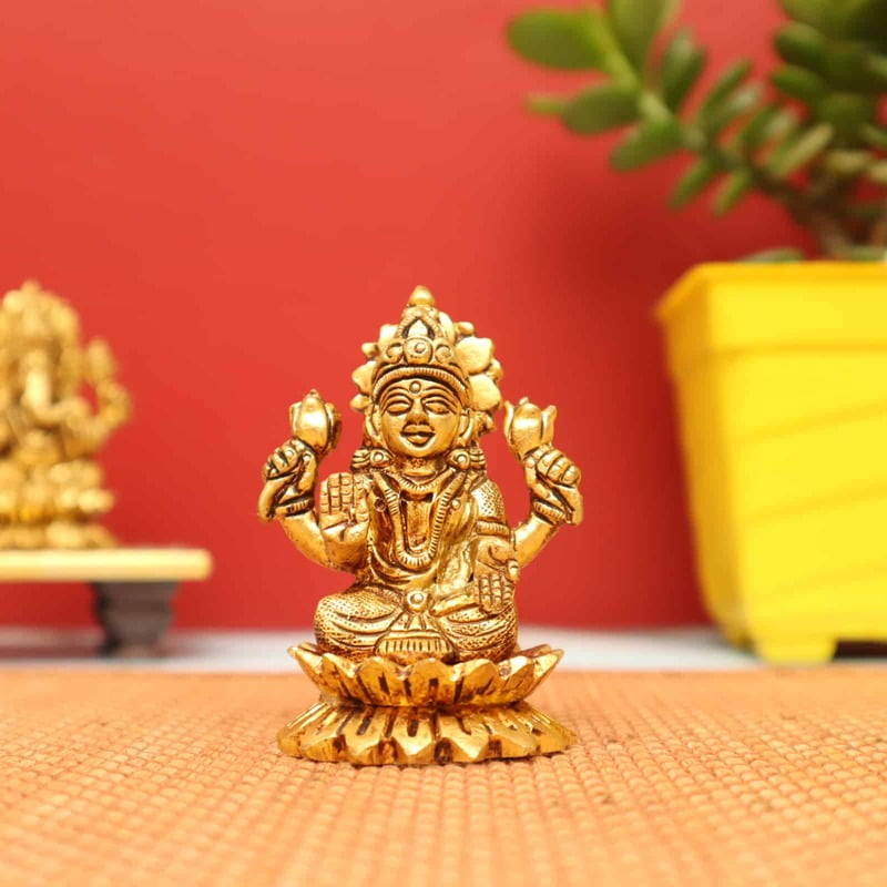Auspicious Lakshmi Devi Idol sitting on Lotus in Brass - 3 inch Height