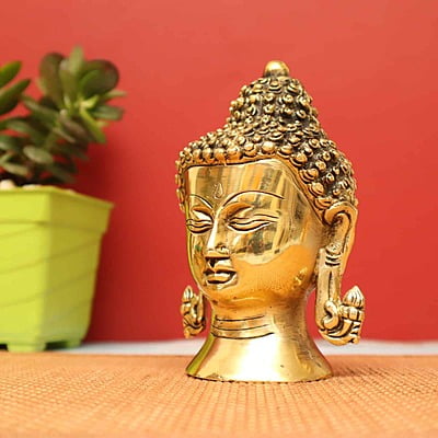 Antique Brass Buddha Head In  with Round Base - 6 inch Height