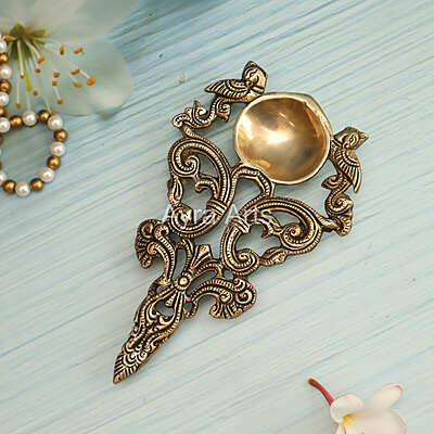 Twin Peacock Design Round Brass Pooja Aarti Spoon - 7 Inch Lenght Twin Peacock Design Round Brass Pooja Aarti Spoon - 7 Inch Lenght