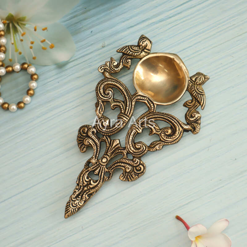 Twin Peacock Design Round Brass Pooja Aarti Spoon - 7 Inch Lenght Twin Peacock Design Round Brass Pooja Aarti Spoon - 7 Inch Lenght