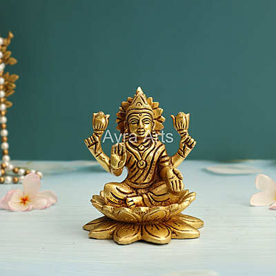 Brass Goddess Lakshmi Sitting On Lotus Flower - 4.5 Inch Height