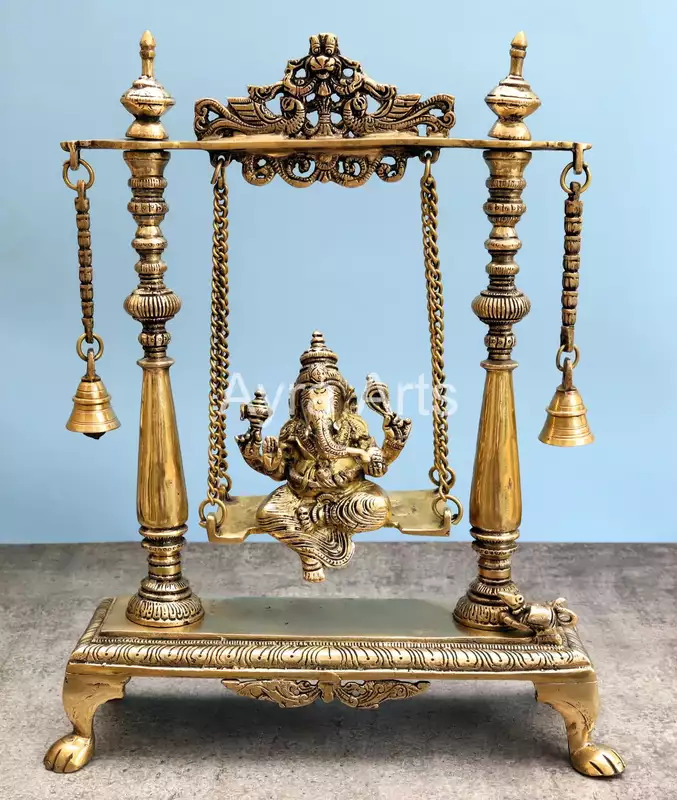 Brass Idol Ganesha Sitting on Swing jhula - 16 inch Height Brass Idol Ganesha Sitting on Swing jhula - 16 inch Height