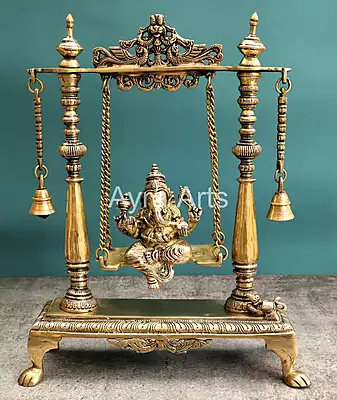 Brass Idol Ganesha Sitting on Swing jhula - 16 inch Height Brass Idol Ganesha Sitting on Swing jhula - 16 inch Height