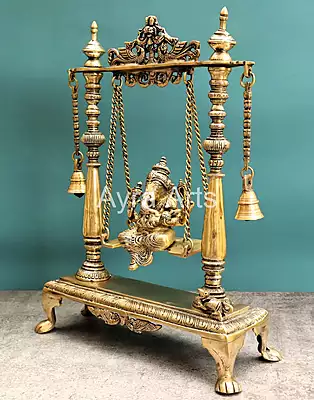 Brass Idol Ganesha Sitting on Swing jhula - 16 inch Height Brass Idol Ganesha Sitting on Swing jhula - 16 inch Height
