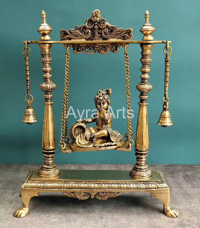 Brass Krishna Statue On Swing Butter Krishna Idol on Jhula for Home Decor Temple Mandir - 16 inch Height Brass Krishna Statue On Swing Butter Krishna Idol on Jhula for Home Decor Temple Mandir - 16 inch Height
