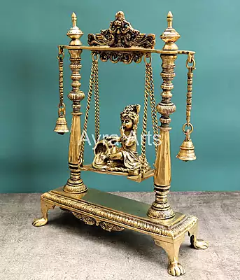Brass Krishna Statue On Swing Butter Krishna Idol on Jhula for Home Decor Temple Mandir - 16 inch Height Brass Krishna Statue On Swing Butter Krishna Idol on Jhula for Home Decor Temple Mandir - 16 inch Height