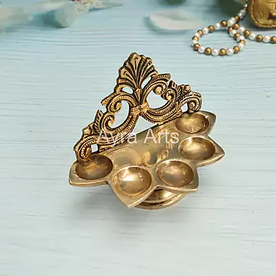 Decorative Five Wick Handmade Diya in Brass - 5 Inch Length Decorative Five Wick Handmade Diya in Brass - 5 Inch Length