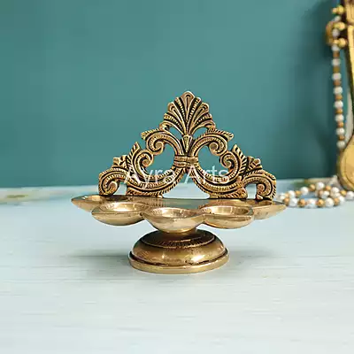 Decorative Five Wick Handmade Diya in Brass - 5 Inch Length Decorative Five Wick Handmade Diya in Brass - 5 Inch Length