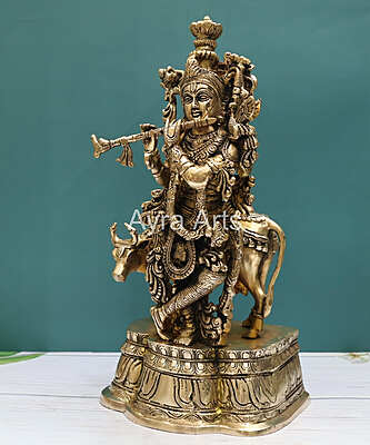 Handcrafted Lord Krishna With Cow Statue in Divine Brass - 17 Inch Height