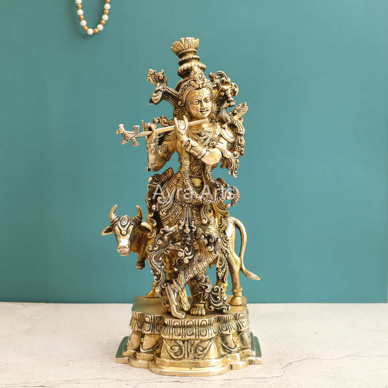 Pure Brass Standing Lord Krishna with Cow Statue - 15 Inch Height Pure Brass Standing Lord Krishna with Cow Statue - 15 Inch Height