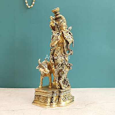 Pure Brass Standing Lord Krishna with Cow Statue - 15 Inch Height Pure Brass Standing Lord Krishna with Cow Statue - 15 Inch Height
