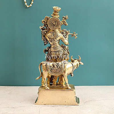 Pure Brass Standing Lord Krishna with Cow Statue - 15 Inch Height Pure Brass Standing Lord Krishna with Cow Statue - 15 Inch Height