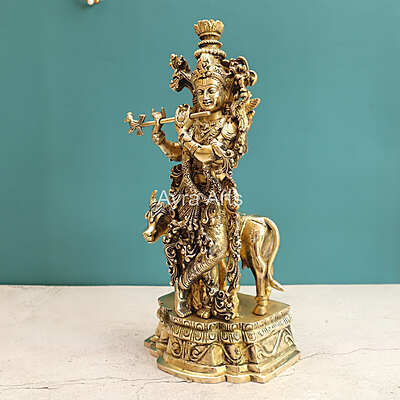 Pure Brass Standing Lord Krishna with Cow Statue - 15 Inch Height Pure Brass Standing Lord Krishna with Cow Statue - 15 Inch Height