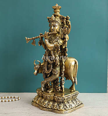 Handcrafted Lord Krishna With Cow Statue in Brass - 17 Inch Height