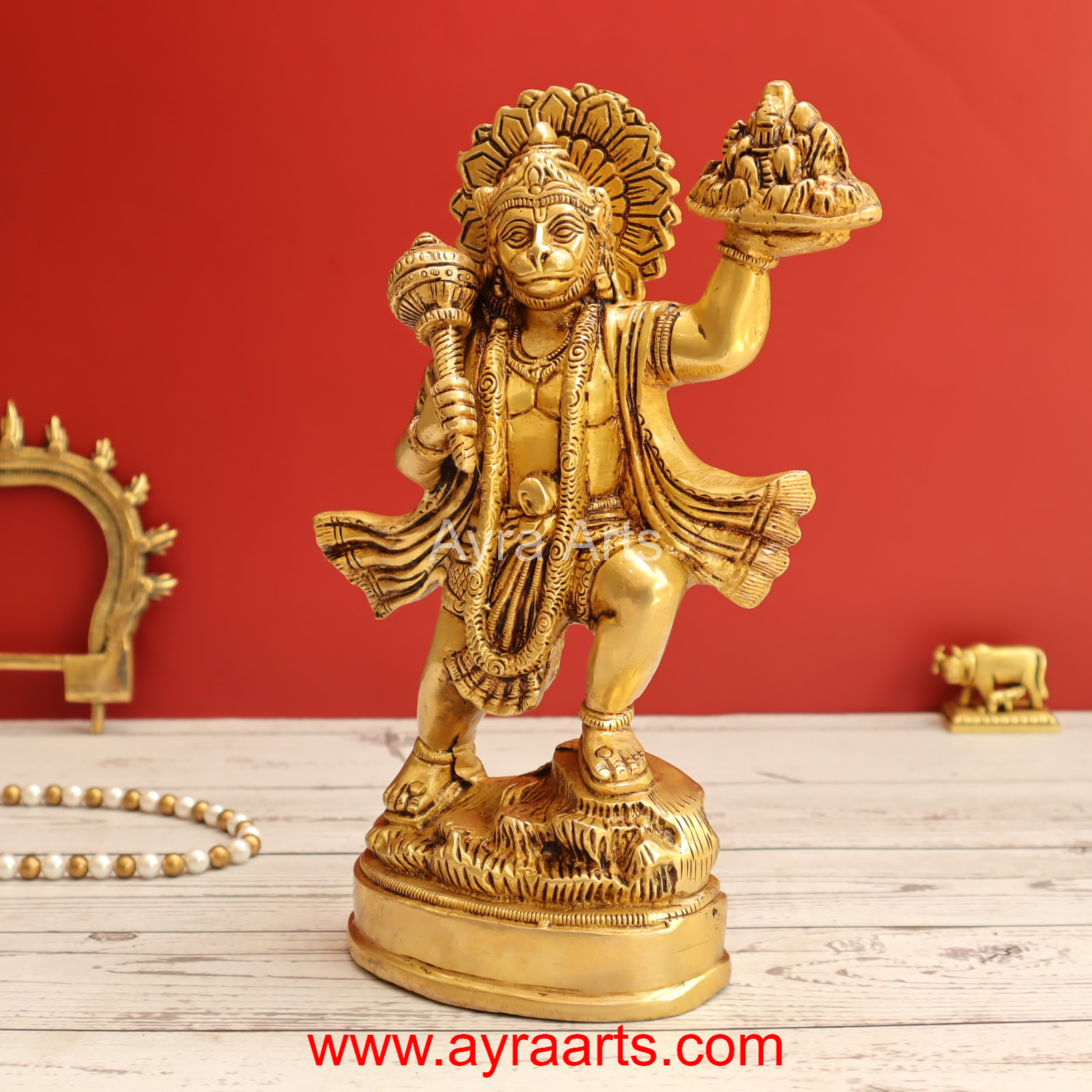 Brass Hanuman Ji with Sanjeevani Mountain Idol - 10 inch Height Brass Hanuman Ji with Sanjeevani Mountain Idol - 10 inch Height